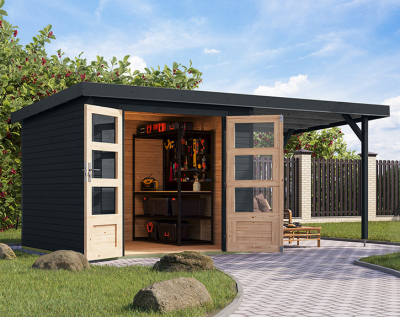 Karibu Hybrid-Gartenhaus Jupiter 3,5 C + 2,4m Anbaudach - 19mm Elementhaus - Geräteschuppen - Pultdach - anthrazit/anthrazit