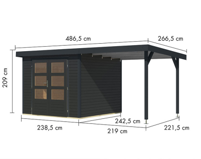 Karibu Hybrid-Gartenhaus Jupiter 3,5 C + 2,4m Anbaudach - 19mm Elementhaus - Geräteschuppen - Pultdach - anthrazit/anthrazit