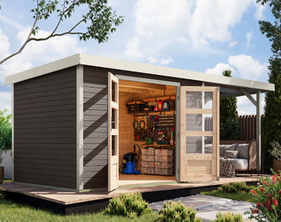Karibu Hybrid-Gartenhaus Jupiter 4 B + 2,4m Anbaudach - 19mm Elementhaus - Geräteschuppen - Pultdach - terragrau/weiss