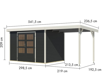 Karibu Hybrid-Gartenhaus Jupiter 4 C + 2,4m Anbaudach - 19mm Elementhaus - Geräteschuppen - Pultdach - anthrazit/weiss