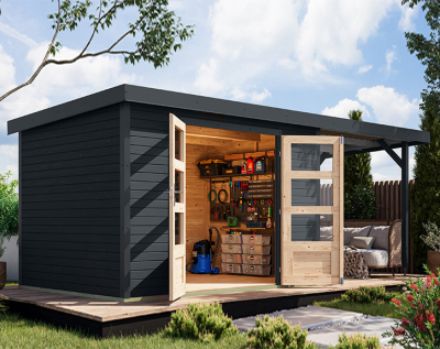 Karibu Hybrid-Gartenhaus Jupiter 4 C + 2,4m Anbaudach - 19mm Elementhaus - Geräteschuppen - Pultdach - anthrazit/anthrazit