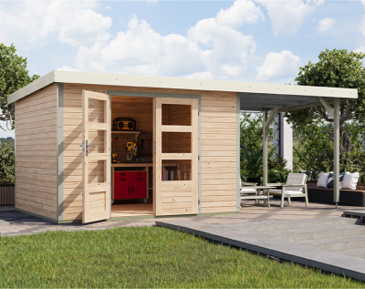 Karibu Hybrid-Gartenhaus Jupiter 5 A + 2,4m Anbaudach - 19mm Elementhaus - Geräteschuppen - Pultdach - natur/weiss