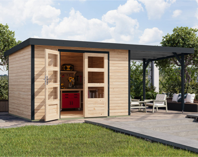 Karibu Hybrid-Gartenhaus Jupiter 5 A + 2,4m Anbaudach - 19mm Elementhaus - Geräteschuppen - Pultdach - natur/anthrazit