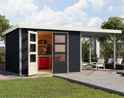 Karibu Hybrid-Gartenhaus Jupiter 5 C + 2,4m Anbaudach - 19mm Elementhaus - Geräteschuppen - Pultdach - anthrazit/weiss