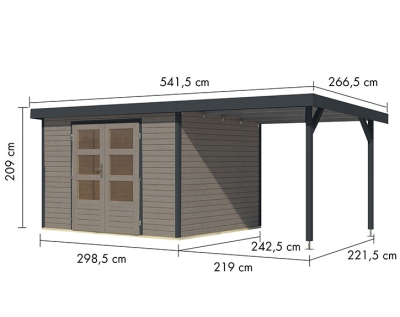 Karibu Hybrid-Gartenhaus Jupiter 5 D + 2,4m Anbaudach - 19mm Elementhaus - Geräteschuppen - Pultdach - wassergrau/anthrazit