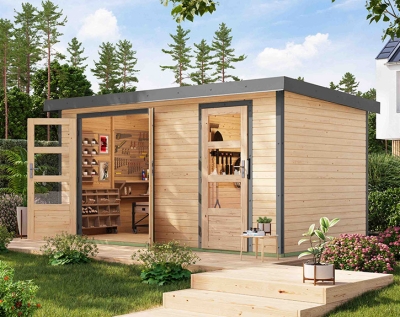 Karibu Hybrid-Gartenhaus Merkur A - 19mm Elementhaus - 2-Raum-Gartenhaus - Pultdach - natur/grau