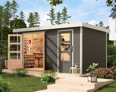 Karibu Hybrid-Gartenhaus Merkur B - 19mm Elementhaus - 2-Raum-Gartenhaus - Pultdach - terragrau/weiss