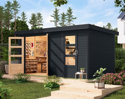 Karibu Hybrid-Gartenhaus Merkur C - 19mm Elementhaus - 2-Raum-Gartenhaus - Pultdach - anthrazit/anthrazit