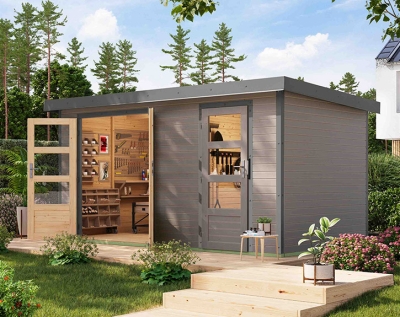 Karibu Hybrid-Gartenhaus Merkur D - 19mm Elementhaus - 2-Raum-Gartenhaus - Pultdach - wassergrau/grau