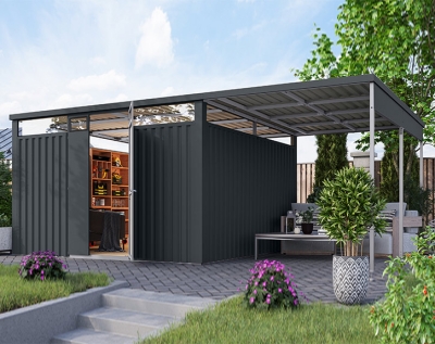 Karibu Metall-Gartenhaus Østen 3,5 + 2,25 Anbaudach - Elementhaus - Geräteschuppen - Pultdach - anthrazit