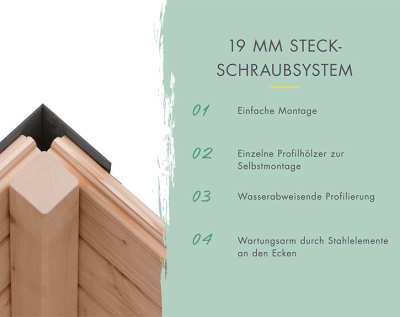 Karibu Hybrid-Gartenhaus Jupiter 5 D + 2,4m Anbaudach - 19mm Elementhaus - Geräteschuppen - Pultdach - wassergrau/anthrazit