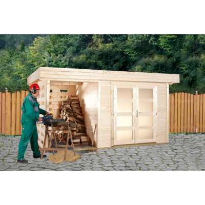 Wolff Finnhaus Gartenhaus Valentina 4025 mit Seitendach & Kaminholzanbau-Wandset 150 cm