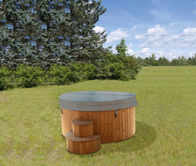 Wolff Finnhaus Badebottich BIBI 2020 mit grauem GFK-Einsatz, integriertem Außenofen und Thermoabdeckung