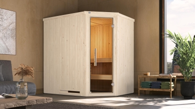 Weka Elementsauna Varberg 1 Trend mit Eckeinstieg & weiss lasierten Fronten - 68 mm