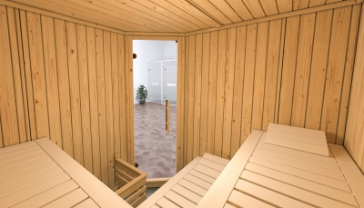 Weka Elementsauna Varberg 3 Trend Familiensauna mit Eckeinstieg & weiss lasierten Fronten - 68 mm