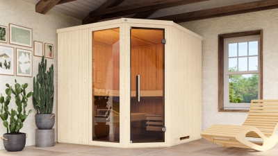 Weka Elementsauna Varberg 3 Trend Familiensauna mit Eckeinstieg & weiss lasierten Fronten - 68 mm