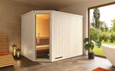 Weka Elementsauna Varberg 4 Trend Familiensauna mit Eckeinstieg & weiss lasierten Fronten - 68 mm