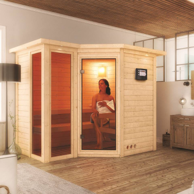 Karibu Sauna Amara-Massivholzsauna 40mm -Eckeinstieg