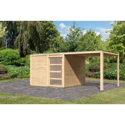Karibu Gartenhaus Qubic 2 mit Schiebetür und 270 cm Anbaudach - 19 mm