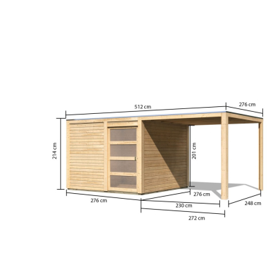 Karibu Gartenhaus Qubic 2 mit Schiebetür und 270 cm Anbaudach - 19 mm