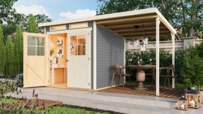 Karibu Gartenhaus Glücksburg 3 seidengrau mit Anbaudach 19 mm