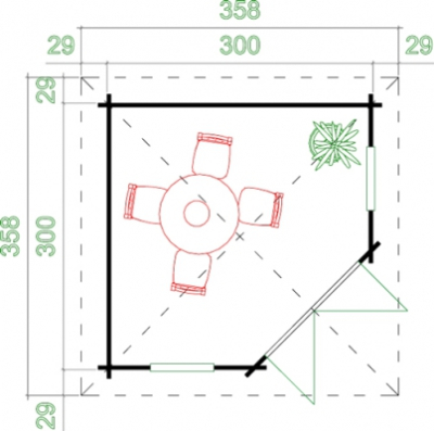 Gartenhaus ARUBA 1 in 5-Eckhaus 320x320 cm ; 40 mm Doppelnut; mit Boden