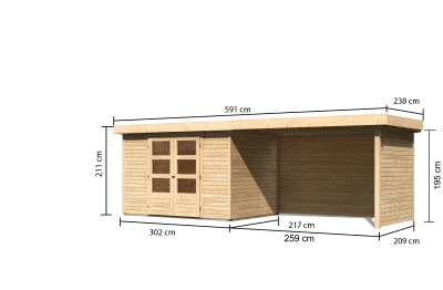 Gartenhaus Askola 4 mit 280cm Anbaudach + Seitenwand+Rückwand