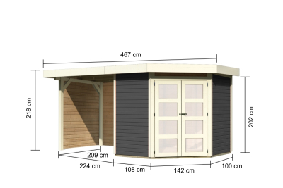 Karibu Gartenhaus Goldendorf 3 Terragrau mit 240 cm Schleppdach + Seiten- und Rückwand - 19 mm