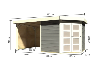 Karibu Gartenhaus Goldendorf 5 Terragrau mit 240 cm Schleppdach + Seiten- und Rückwand - 19 mm