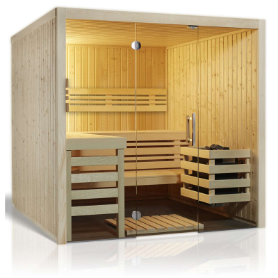 Infraworld Sauna Panorama 180 Elementsauna 210 x 180 cm in nord. Fichte mit Verdampferofen+Steuerung