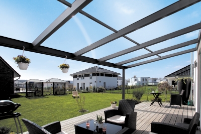 Terrassenüberdachung Modena 434 x 307 cm, Aluminium, weiss oder anthrazit mit Echtglas