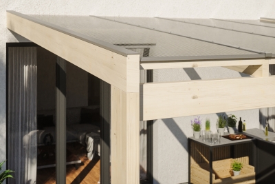 Terrassenüberdachung Novara 557 x 359 cm, Leimholz, natur + 4 Lasuren/Grundierung nach Wahl
