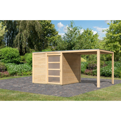 Karibu Gartenhaus Qubic 1 und 240 cm Anbaudachdach