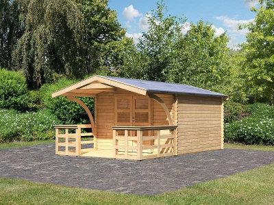 Karibu Gartenhaus Bayreuth 4 mit Vordach und Terrasse