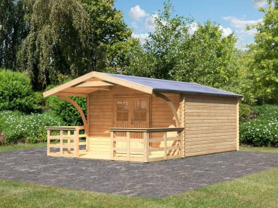 Karibu Gartenhaus Mühlheim 6 natur mit Vordach 1,8 m inkl. Terrasse