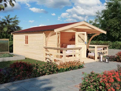 Karibu Gartenhaus Mühlheim 6 natur mit Vordach 1,8 m inkl. Terrasse