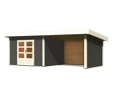 Karibu Gartenhaus Northeim 4 terragrau mit Anbaudach 3 m inkl. Rück-und Seitenwand