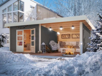 Karibu Gartenhaus Northeim 4 terragrau mit Anbaudach 3 m inkl. Rück-und Seitenwand