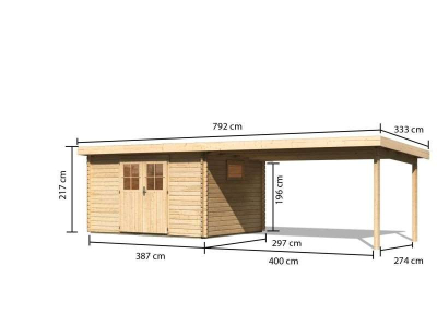 Karibu Gartenhaus Torgau 4 natur mit Anbaudach 4 m