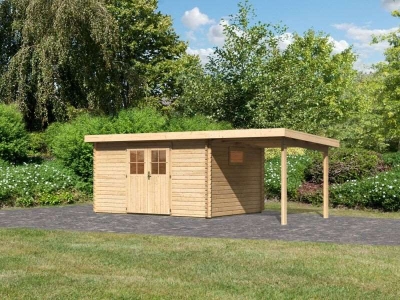 Karibu Gartenhaus Torgau 5 natur mit Anbaudach 2 m in 40mm