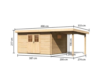 Karibu Gartenhaus Torgau 5 natur mit Anbaudach 2 m in 40mm