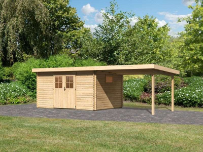 Karibu Gartenhaus Torgau 5 natur mit Anbaudach 3 m