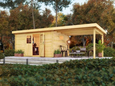 Karibu Gartenhaus Torgau 5 natur mit Anbaudach 3 m
