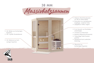 Karibu Sauna Yuma - Massivholzsauna mit Eckeinstieg 38 mm