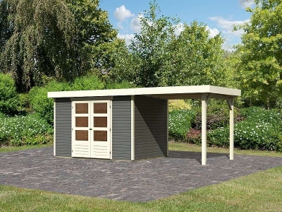 Karibu Woodfeeling Gartenhaus Askola 4 in terragrau mit Anbaudach 2,40 Meter