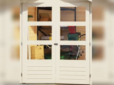 Karibu Woodfeeling Gartenhaus Askola 4 in terragrau mit Anbaudach 2,40 Meter