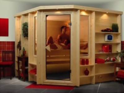 KARIBU MARONA Premium Massivholzsauna Eckeinstieg