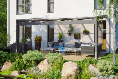 Terrassenüberdachung Novara 557 x 259 cm, Leimholz, natur + 4 Lasuren/Grundierung nach Wahl