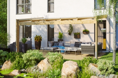 Terrassenüberdachung Novara 450 x 359 cm, Leimholz, natur + 4 Lasuren/Grundierung nach Wahl