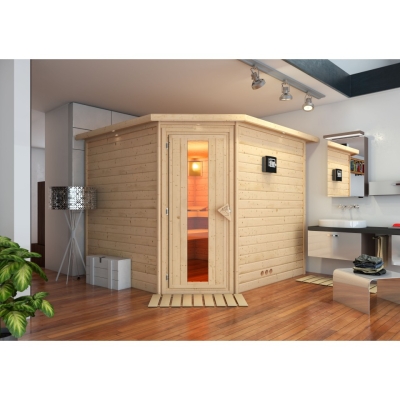 Karibu Woodfeeling Sauna LEONA 38 mm Massivholz Eckeinstieg